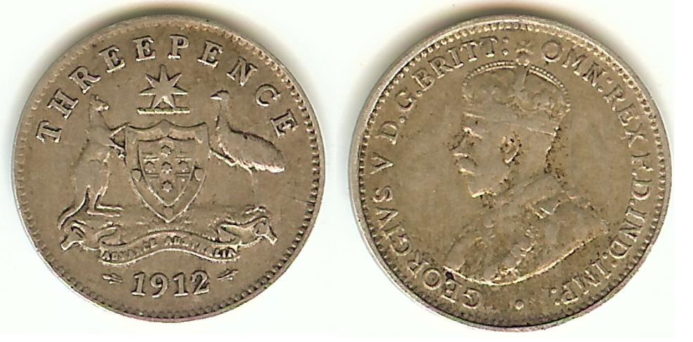 Australian 3 Pence 1912 gVF/EF
